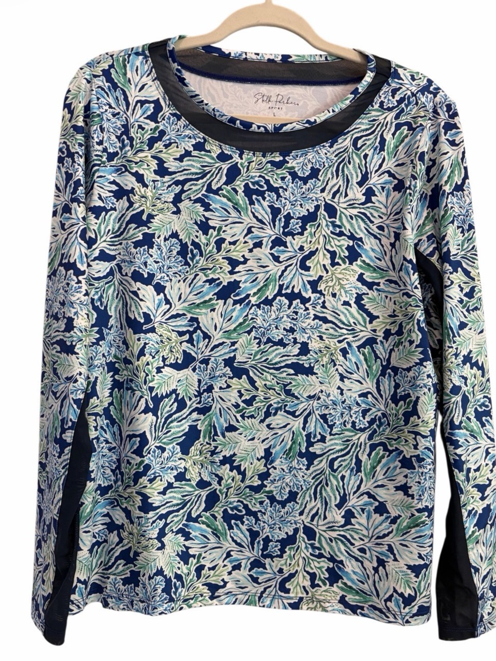 Stella Parker Sport Crew Mock Neck Long Sleeve Top Size Large Navy Marine Life
